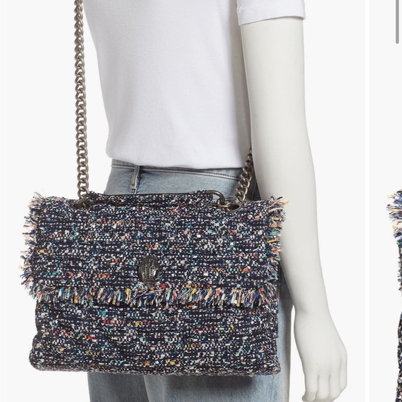 Kurt Geiger Tweed Large Kensington Bag Black Blue Shoulder Flap Closure NEW - Picture 3 of 16